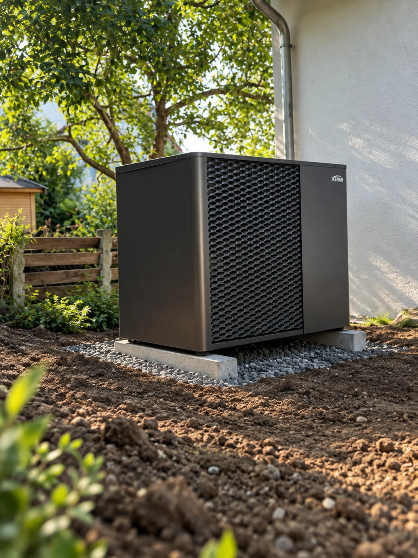 Wärmepumpe im Garten neben einem Wohnhaus